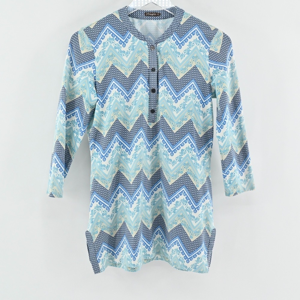 J McLaughlin Womens Blue Catalina Cloth Top Size XS Chevron Blouse Stretch Coast
